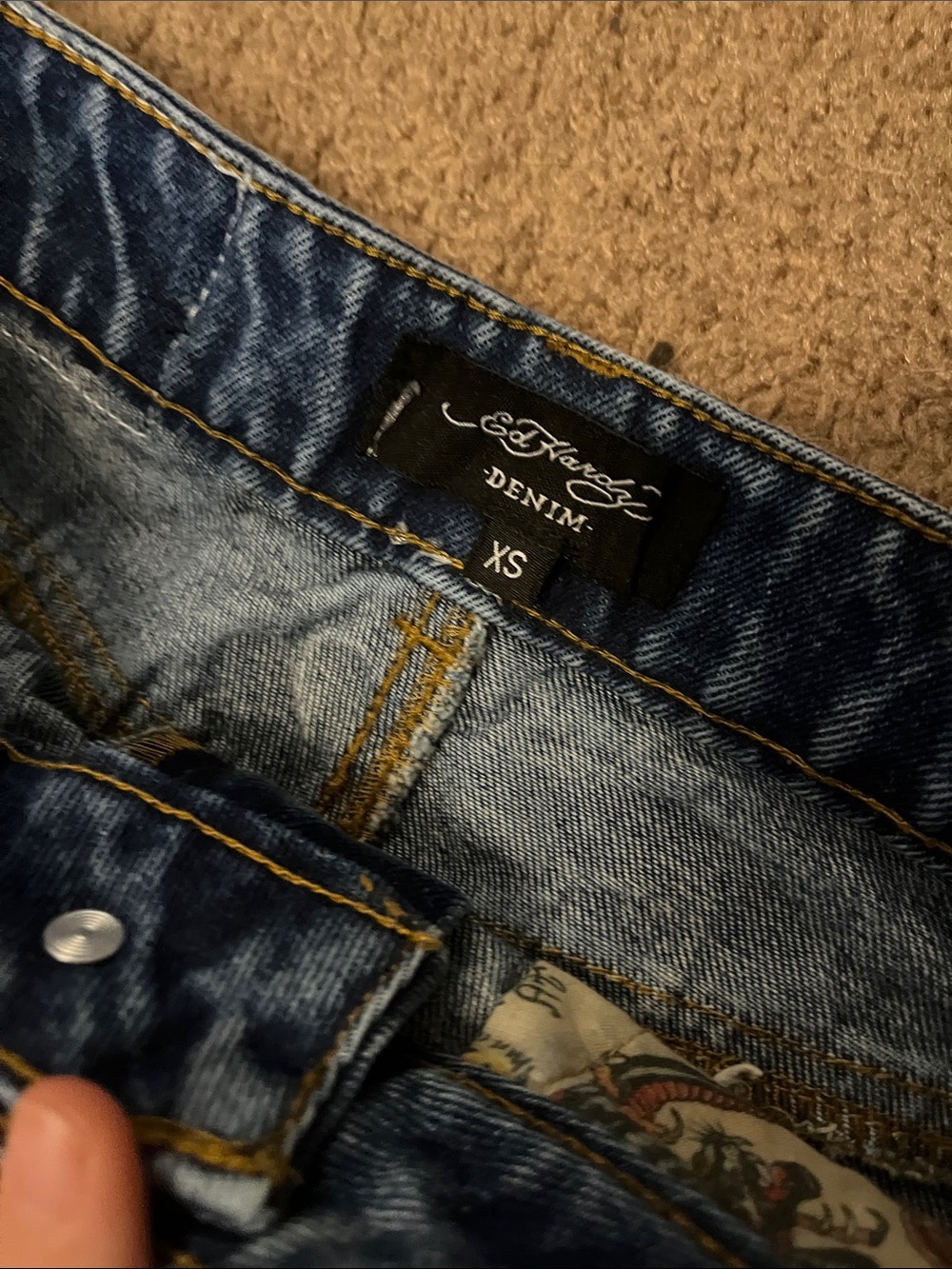Ed Hardy Dark Blue Denim Logo Cutoff Shorts with Colorful Side Graphic - Picture 2 of 7
